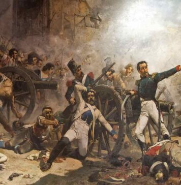 La muerte de Pedro Velarde durante la defensa del parque de artillería de Monteleón, de Joaquín Sorolla.