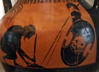 Vaso de Exequias que representa el suicidio de Áyax, frente a su escudo.