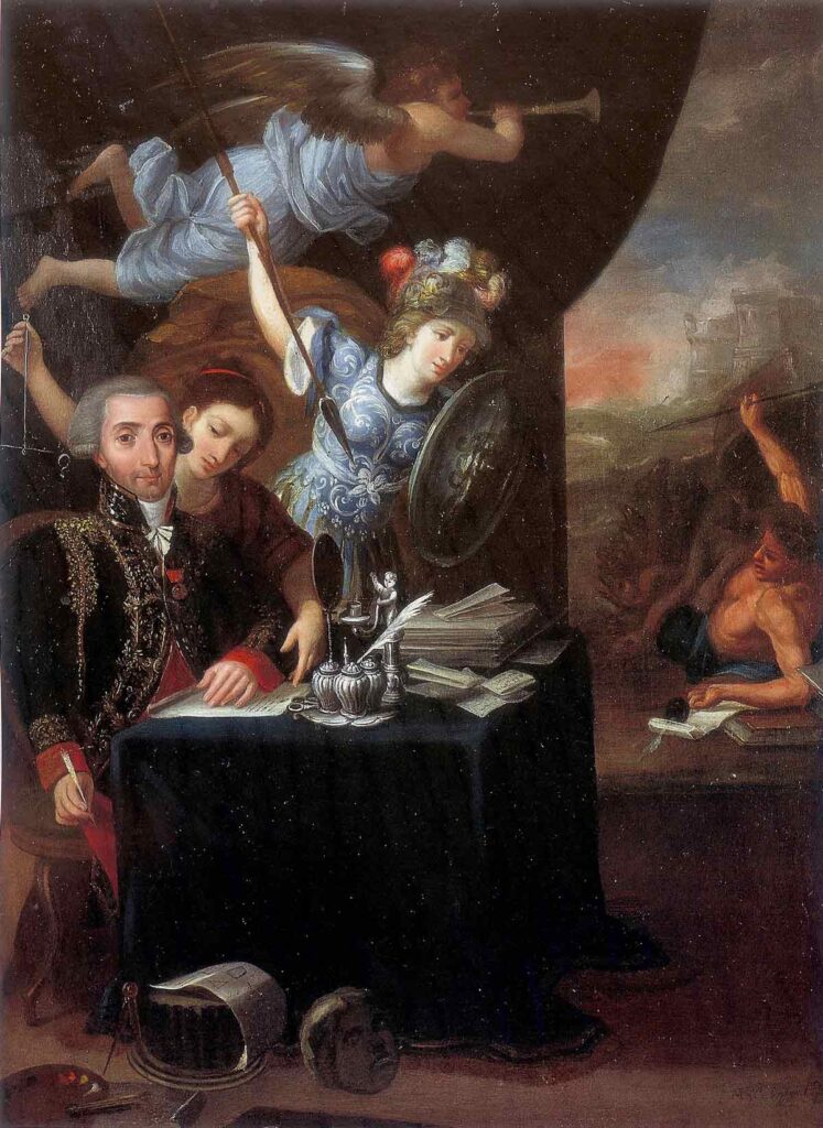 Miguel José de Azanza, duque de Santa Fe, retratado como virrey acompañado de Atenea, diosa de la Sabiduría, la Justicia y la Fama.