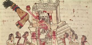 Un sacerdote ofrece el corazón de la víctima al dios de la guerra, HUITZILOPOCHTLI. Ilustración del Códice Magliabechiano.