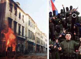A la izquierda, el casco antiguo de la ciudad costera croata de DUBROVNIK, tras un bombardeo. Derecha, el comandante Zeljo Raznatovic, conocido con el alias de Arkan, con sus siniestros TIGRES, un grupo paramilitar serbio que aterrorizó a bosnios y croatas.