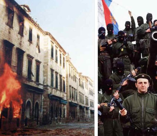 A la izquierda, el casco antiguo de la ciudad costera croata de DUBROVNIK, tras un bombardeo. Derecha, el comandante Zeljo Raznatovic, conocido con el alias de Arkan, con sus siniestros TIGRES, un grupo paramilitar serbio que aterrorizó a bosnios y croatas.
