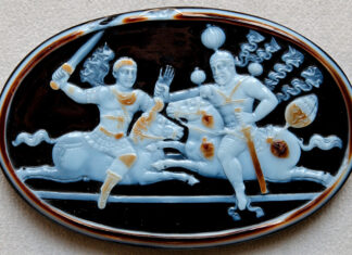 Camafeo que recrea el momento en el que el rey persa Sapor I captura al emperador de Roma Valeriano, realizado en el año 260 (BNF).