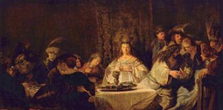 Rembrandt, un pintor al servicio del enemigo El banquete nupcial de Sansón, por Rembrandt, 1638, óleo sobre lienzo, 126,5 x 175,5 cm, Dresde, Gemäldegalerie Alte Meister.