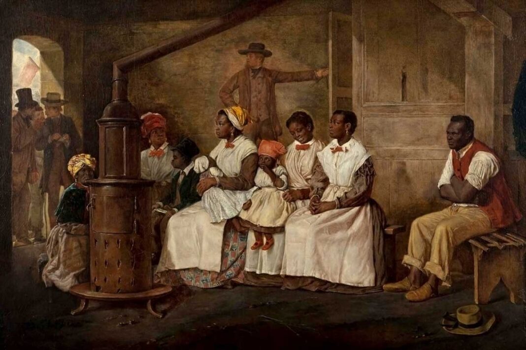 Esclavitud. Un grupo de esclavos afroamericanos esperando para ser vendidos en Richmond (Virginia, EE UU), pintado por Eyre Crowe en 1861.