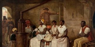 Esclavitud. Un grupo de esclavos afroamericanos esperando para ser vendidos en Richmond (Virginia, EE UU), pintado por Eyre Crowe en 1861.