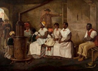 Esclavitud. Un grupo de esclavos afroamericanos esperando para ser vendidos en Richmond (Virginia, EE UU), pintado por Eyre Crowe en 1861.