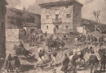 Cuartel militar del general francisco Serrano en Somorrostro, en una ilustración de M. Vierge publicada en Le Monde Illustré el 4 de abril de 1874.