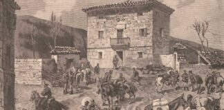 Cuartel militar del general francisco Serrano en Somorrostro, en una ilustración de M. Vierge publicada en Le Monde Illustré el 4 de abril de 1874.