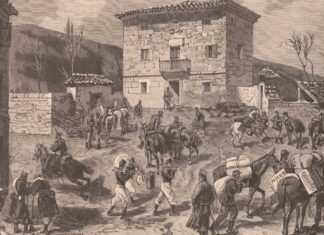 Cuartel militar del general francisco Serrano en Somorrostro, en una ilustración de M. Vierge publicada en Le Monde Illustré el 4 de abril de 1874.
