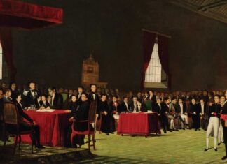 Pintura titulada "Cinco de julio de 1811" de Juan Lovera. Recrea el momento de la firma del Acta de la Declaración de la Independencia de Venezuela.