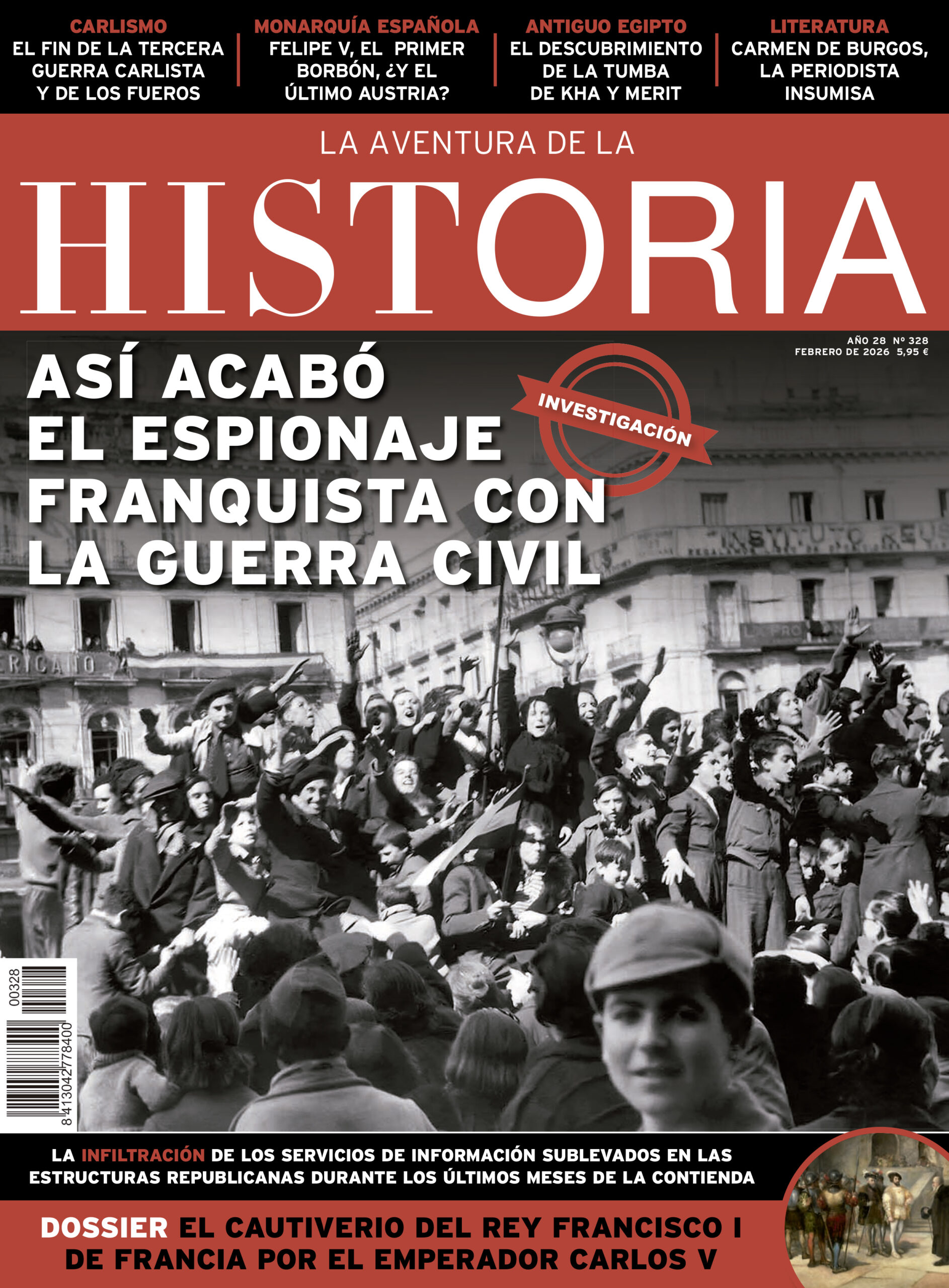 Portada del número 328 (febrero de 2026) de la revista La Aventura de la Historia, ilustrada con una imagen de las celebraciones en Madrid por el fin de la guerra civil española.
