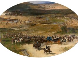 LA REINA MARÍA CRISTINA PASANDO REVISTA A LAS TROPAS, por Mariano Fortuny (1865-66) , óleo sobre lienzo, 300 x 460 cm, Madrid, Museo del Prado.