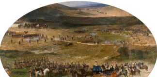 María Cristina pasando revista a sus tropas LA REINA MARÍA CRISTINA PASANDO REVISTA A LAS TROPAS, por Mariano Fortuny (1865-66) , óleo sobre lienzo, 300 x 460 cm, Madrid, Museo del Prado.