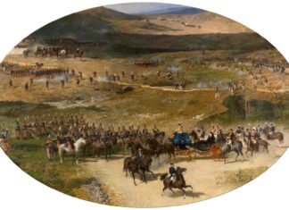 LA REINA MARÍA CRISTINA PASANDO REVISTA A LAS TROPAS, por Mariano Fortuny (1865-66) , óleo sobre lienzo, 300 x 460 cm, Madrid, Museo del Prado.