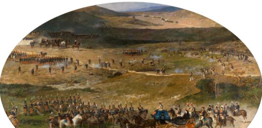 LA REINA MARÍA CRISTINA PASANDO REVISTA A LAS TROPAS, por Mariano Fortuny (1865-66) , óleo sobre lienzo, 300 x 460 cm, Madrid, Museo del Prado.