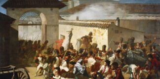 Representación de la muerte de Velarde frente al arco del parque de artillería de Monteleón, por Manuel Castellano (Museo de Historia de Madrid).