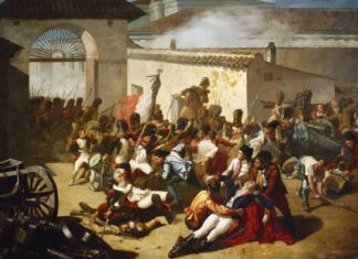 Representación de la muerte de Velarde frente al arco del parque de artillería de Monteleón, por Manuel Castellano (Museo de Historia de Madrid).