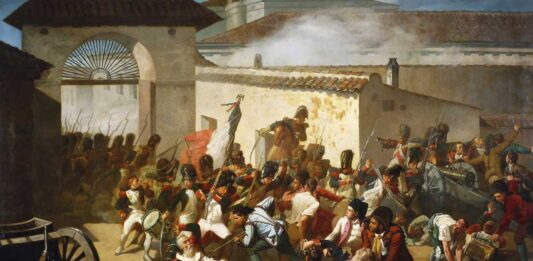 Representación de la muerte de Velarde frente al arco del parque de artillería de Monteleón, por Manuel Castellano (Museo de Historia de Madrid).