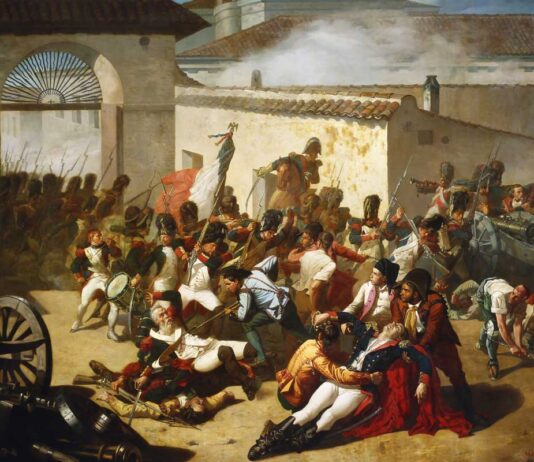 Representación de la muerte de Velarde frente al arco del parque de artillería de Monteleón, por Manuel Castellano (Museo de Historia de Madrid).