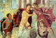 Representación mítica de violencia ante un triclinium romano en un fresco de Pompeya.