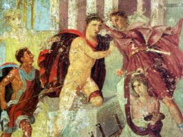 Representación mítica de violencia ante un triclinium romano en un fresco de Pompeya.