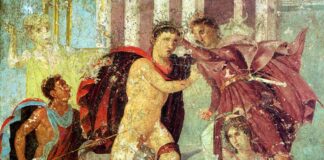 Representación mítica de violencia ante un triclinium romano en un fresco de Pompeya.