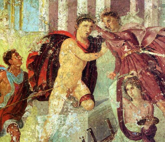 La delincuencia en las calles de la antigua Roma Representación mítica de violencia ante un triclinium romano en un fresco de Pompeya.