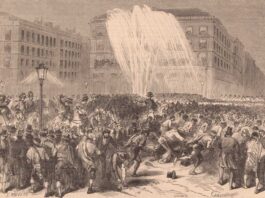 Aspecto de la Puerta del Sol durante los disturbios suscitados por los estudiantes en la tarde del 11 de abril.