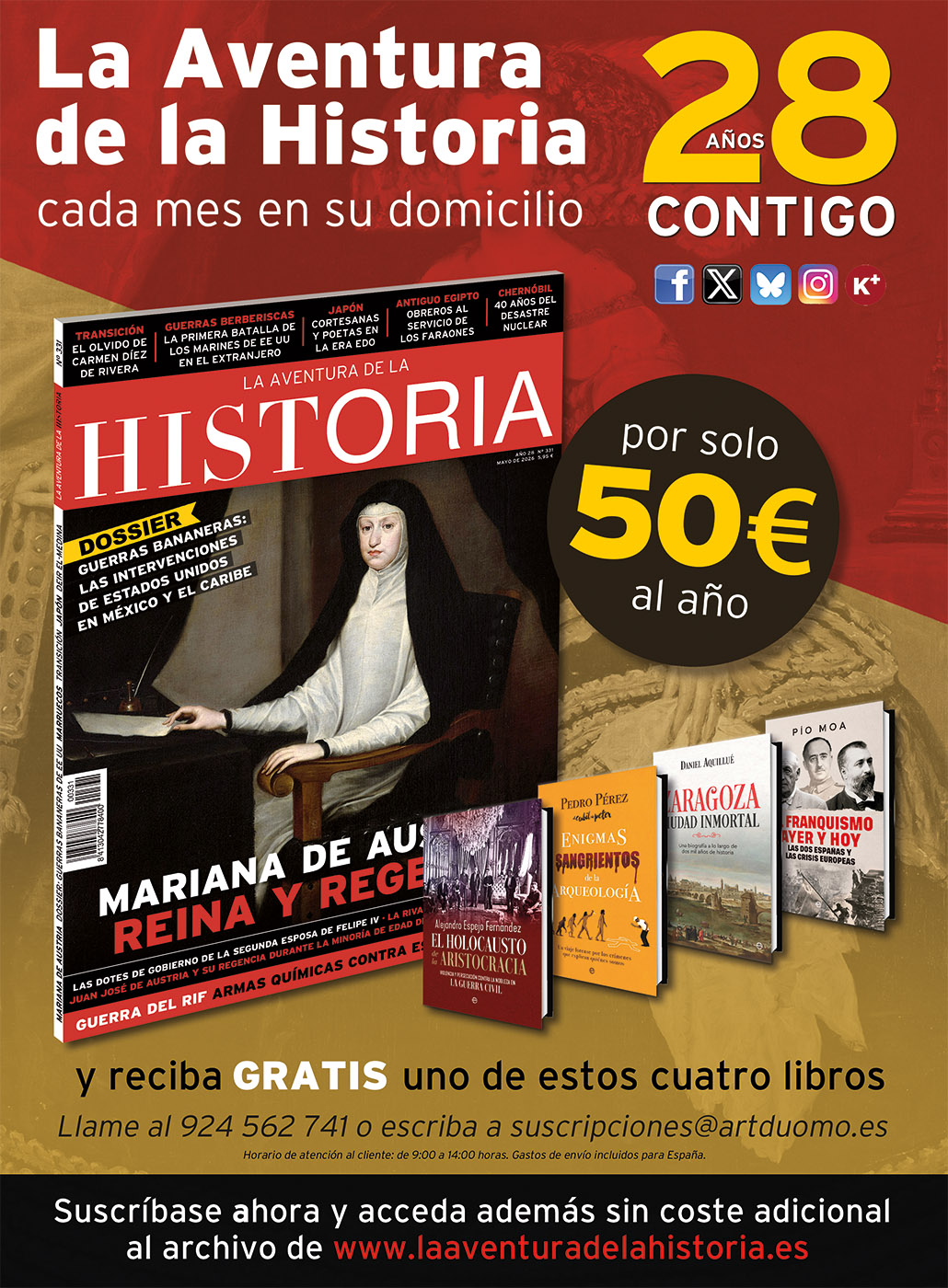 Oferta de suscripción a la revista de historia La Aventura de la Historia, del mes de mayo de 2026.
