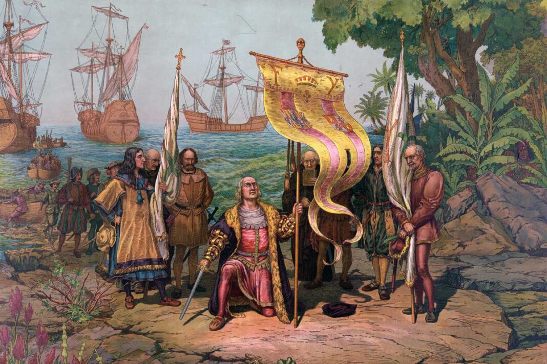 Ilustración de finales del siglo XIX que recrea a Cristóbal Colón tomando posesión del Nuevo Mundo.