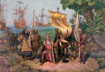 Ilustración de finales del siglo XIX que recrea a Cristóbal Colón tomando posesión del Nuevo Mundo.
