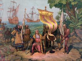 Ilustración de finales del siglo XIX que recrea a Cristóbal Colón tomando posesión del Nuevo Mundo.