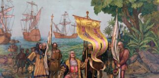 Ilustración de finales del siglo XIX que recrea a Cristóbal Colón tomando posesión del Nuevo Mundo.