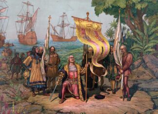 Ilustración de finales del siglo XIX que recrea a Cristóbal Colón tomando posesión del Nuevo Mundo.