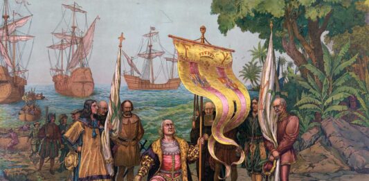 Ilustración de finales del siglo XIX que recrea a Cristóbal Colón tomando posesión del Nuevo Mundo.