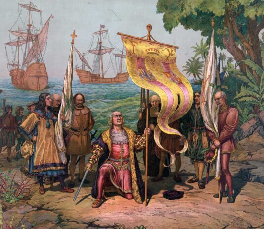 Ilustración de finales del siglo XIX que recrea a Cristóbal Colón tomando posesión del Nuevo Mundo.