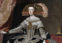 Retrato de la reina Mariana de Austria (detalle) pintado por Velázquez hacia 1652-1653 y conservado en el Museo Nacional del Prado.
