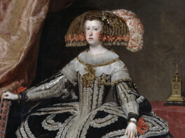 Retrato de la reina Mariana de Austria (detalle) pintado por Velázquez hacia 1652-1653 y conservado en el Museo Nacional del Prado.
