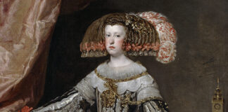 Retrato de la reina Mariana de Austria (detalle) pintado por Velázquez hacia 1652-1653 y conservado en el Museo Nacional del Prado.