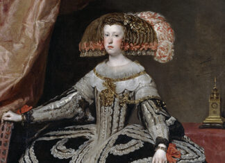 Retrato de la reina Mariana de Austria (detalle) pintado por Velázquez hacia 1652-1653 y conservado en el Museo Nacional del Prado.