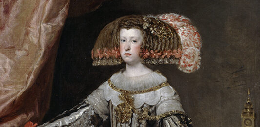 Retrato de la reina Mariana de Austria (detalle) pintado por Velázquez hacia 1652-1653 y conservado en el Museo Nacional del Prado.