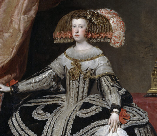 Retrato de la reina Mariana de Austria (detalle) pintado por Velázquez hacia 1652-1653 y conservado en el Museo Nacional del Prado.