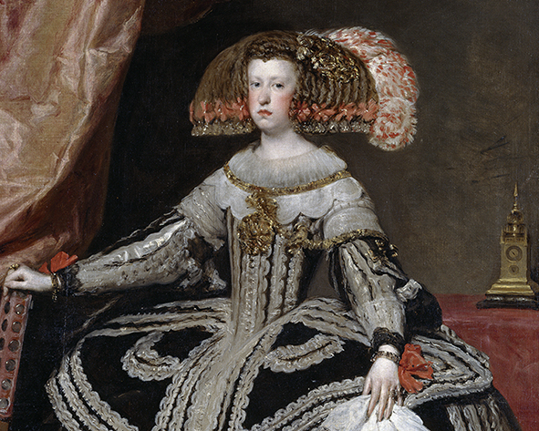 Retrato de la reina Mariana de Austria (detalle) pintado por Velázquez hacia 1652-1653 y conservado en el Museo Nacional del Prado.