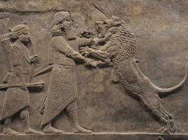 Asurbanipal matando al león, símbolo de la fuerza y el valor del rey.