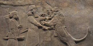 Asurbanipal matando al león, símbolo de la fuerza y el valor del rey.