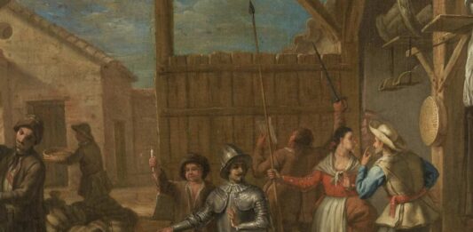 Don Quijote armado caballero, por Valero Iriarte, hacia 1720 (Museo del Prado.
