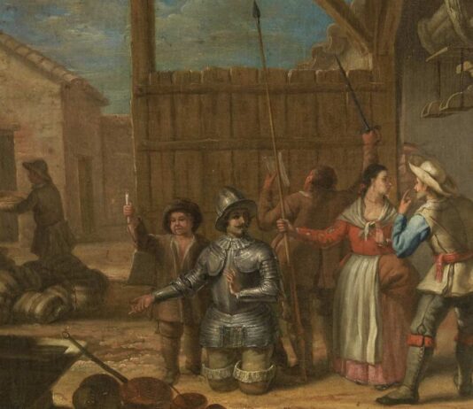 Don Quijote armado caballero, por Valero Iriarte, hacia 1720 (Museo del Prado.