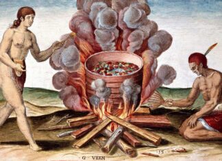 Indios cocinando pescado. Grabado de 'Admirante Narratio Americae' por Theodore de Bry (1528-1598).