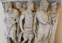 La muerte en Roma iba más allá de lo religioso. Relieve de un sarcófago de mediados del siglo II que representa las etapas de la vida del DIFUNTO: iniciación religiosa, servicio militar y boda.